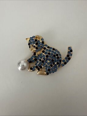 Gold Cat Brooch with Blue Crystals and Pearl Accent